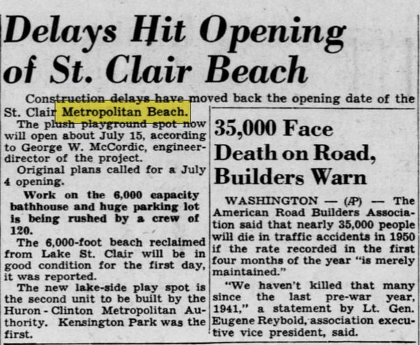 Lake St. Clair Metropark (Metro Beach, Metropolitan Beach) - June 1950 Article On Delay